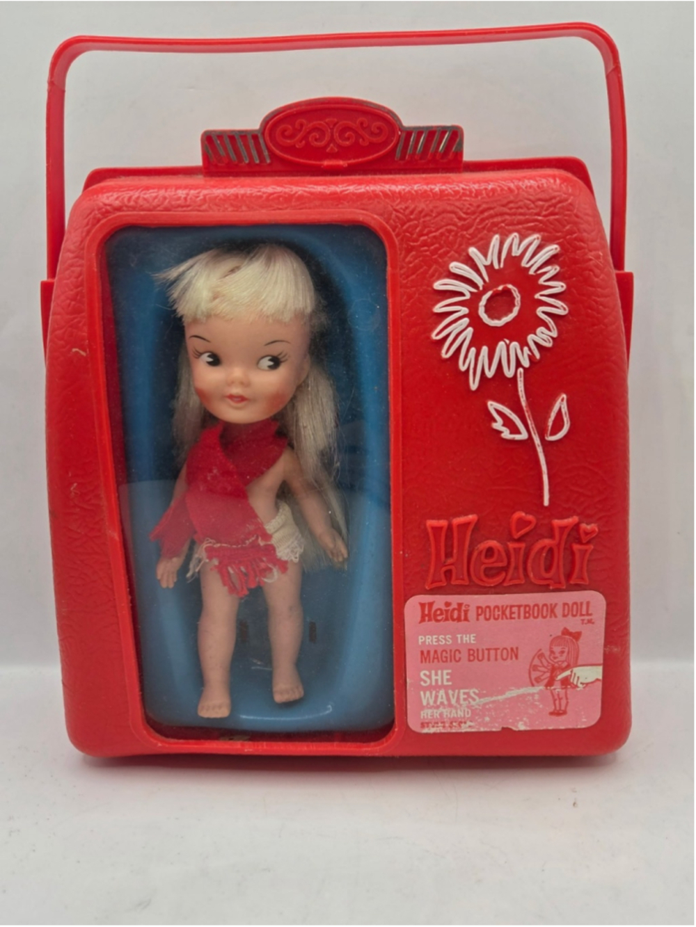 Vintage 1964 Remco Heidi Pocket Book Doll Magic Button with Case & Scarf